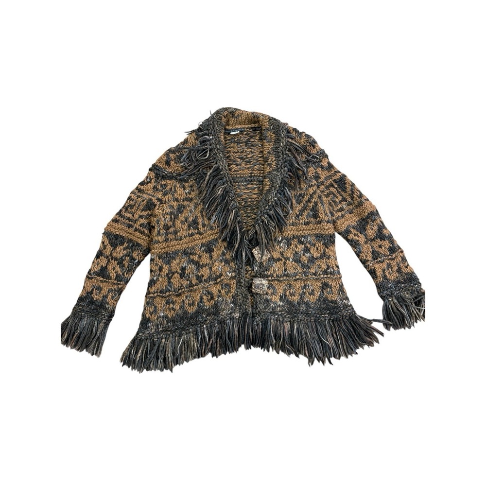 Peruvian Connection Chucky Knit Sweater Cardigan Fringe Sz XL Boho Luxury Wool